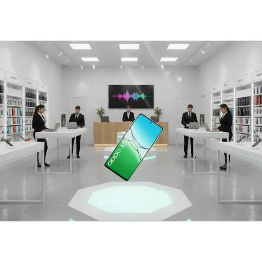 Smartphone OPPO A5 Pro sospeso in un negozio moderno con espositori di tecnologia