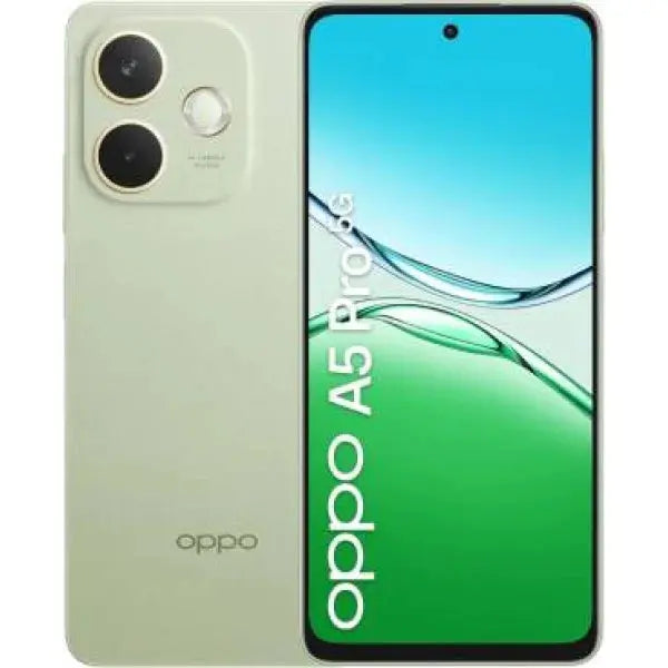 Smartphone OPPO A5 Pro verde chiaro con design elegante e schermo ampio