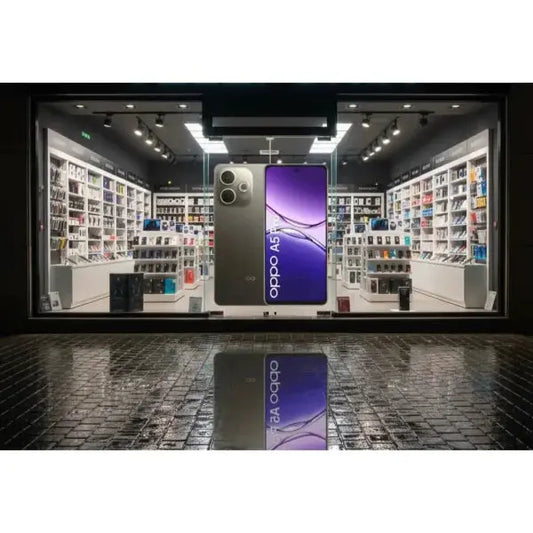 Smartphone OPPO A5 Pro in vetrina con riflesso, esposto in un negozio di elettronica