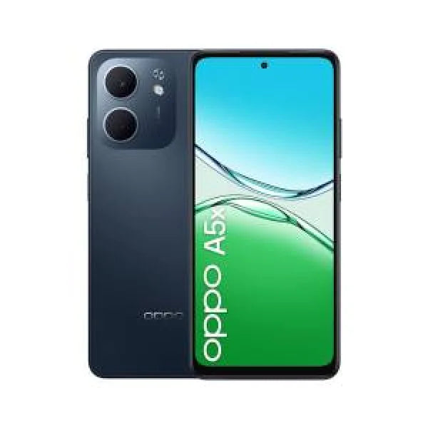 Smartphone OPPO A5x in colore nero con doppia fotocamera posteriore e schermo ampio senza bordi
