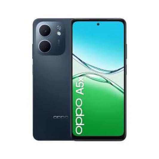 Smartphone OPPO A5x in colore nero con doppia fotocamera posteriore e schermo ampio senza bordi