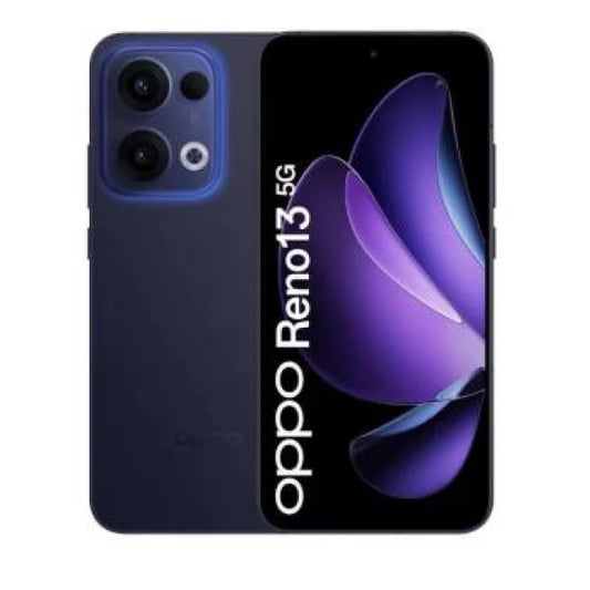 Smartphone OPPO Reno 13 in colore blu con doppia fotocamera posteriore e display ampio 5G