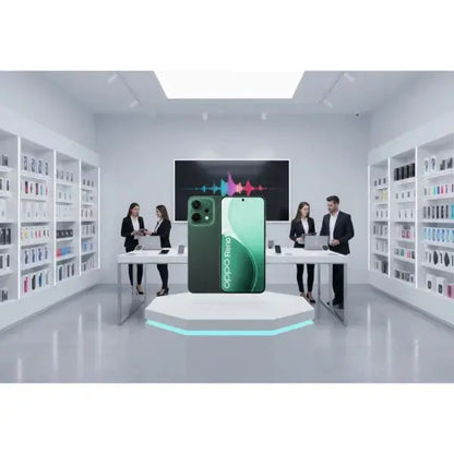 Smartphone OPPO Reno 14 in verde con design elegante esposto in un negozio di tecnologia moderno
