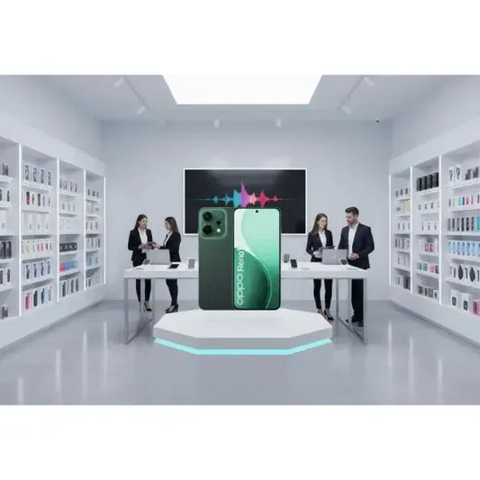 Smartphone OPPO Reno 14 in verde con design elegante esposto in un negozio di tecnologia moderno