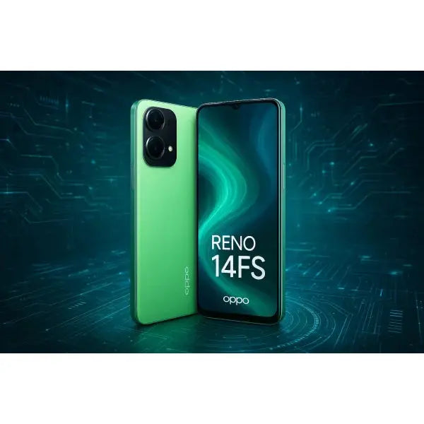 Smartphone OPPO Reno 14FS verde con display luminoso e design elegante