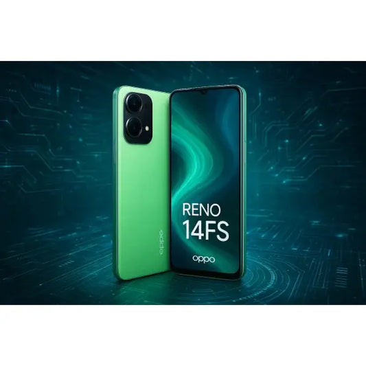 Smartphone OPPO Reno 14FS verde con display luminoso e design elegante