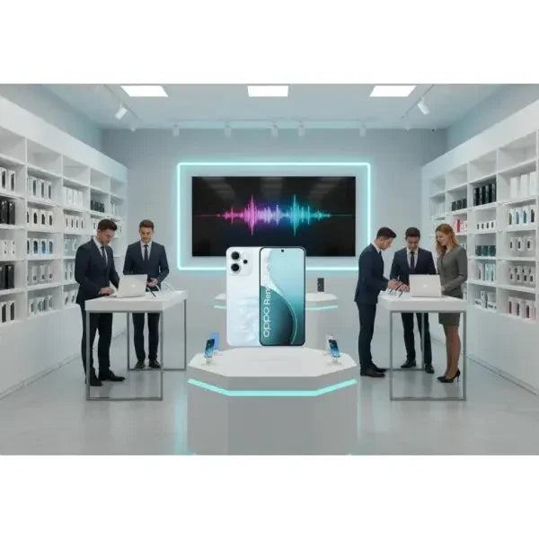 Smartphone OPPO Reno 14FS in esposizione con design elegante in uno showroom moderno