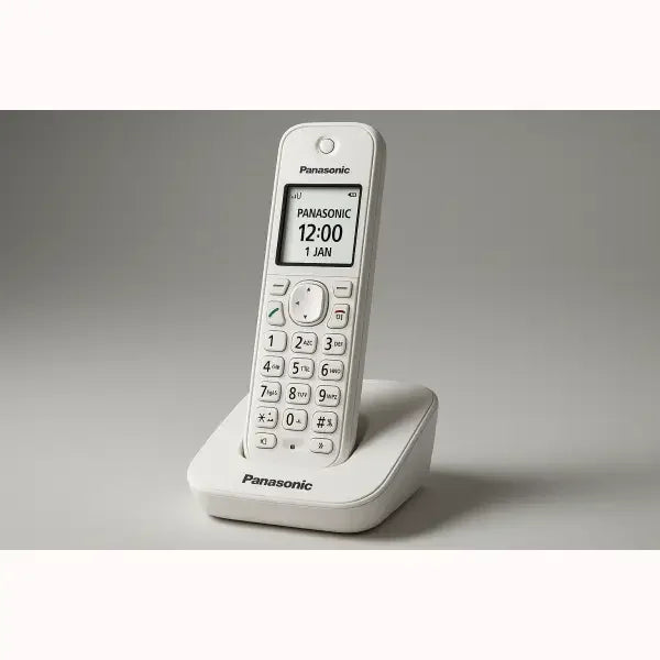 telefono DECT Panasonic cordless bianco con base di ricarica display LCD e tasti numerici grandi