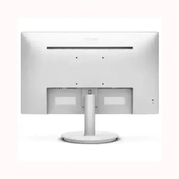 Monitor bianco PHILIPS visto dalla parte posteriore con supporto rotondo e design minimalista