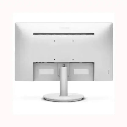 Monitor bianco PHILIPS visto dalla parte posteriore con supporto rotondo e design minimalista