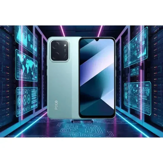 Smartphone POCO C85 in blu con ampio schermo e design moderno in un ambiente futuristico