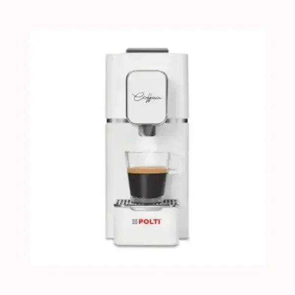 Macchina da caffè POLTI REVOLUTION bianca con tazza di caffè espresso trasparente