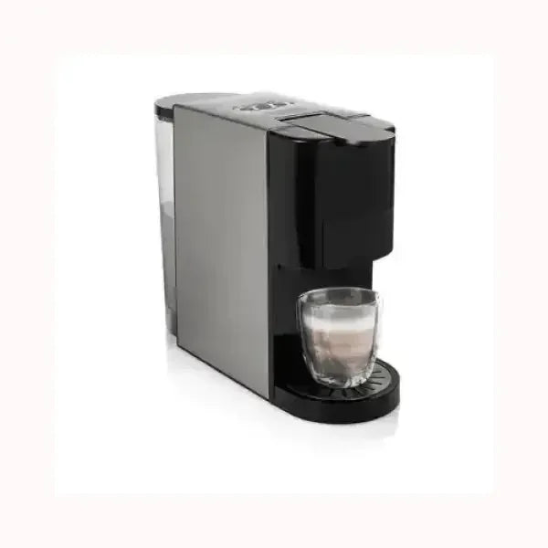 Macchina da caffè PRINCESS compatta nera e argento con tazza di caffè trasparente