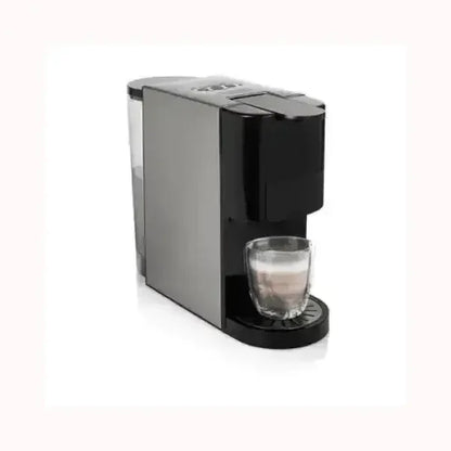 Macchina da caffè PRINCESS compatta nera e argento con tazza di caffè trasparente