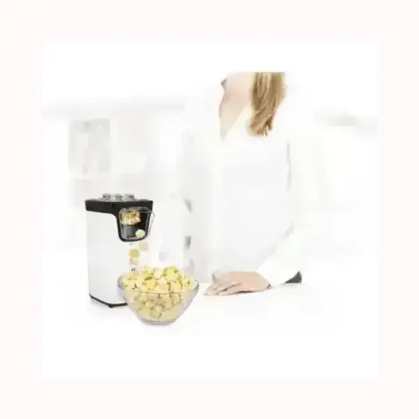 Macchina per popcorn Princess bianca e nera con ciotola trasparente piena di popcorn freschi