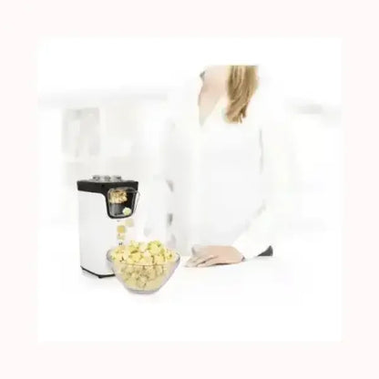 Macchina per popcorn Princess bianca e nera con ciotola trasparente piena di popcorn freschi