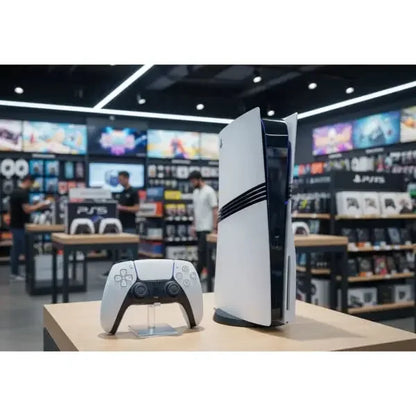 Console PS5 di Sony con controller bianco in un negozio di elettronica