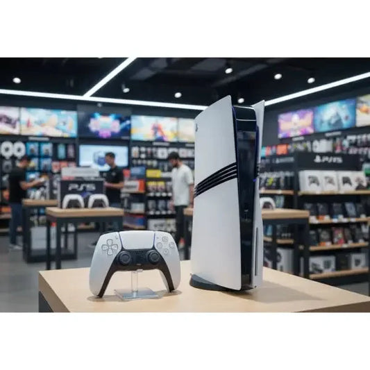 Console PS5 di Sony con controller bianco in un negozio di elettronica