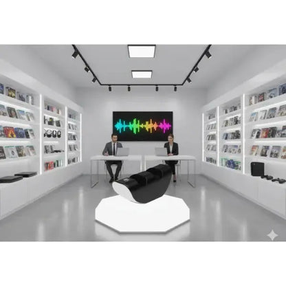 Negozio di accessori giochi con esposizione di prodotti PS5 e due persone al banco di registrazione