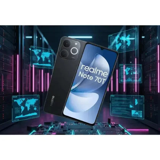 Smartphone Realme Note 70T con display nitido e design elegante in un ambiente tecnologico avanzato