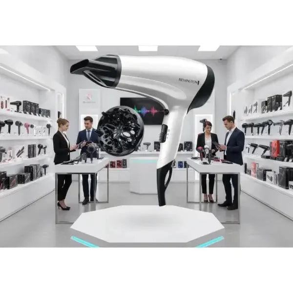 Remington asciugacapelli bianco e nero con design moderno ed efficiente, ideale per styling professionale