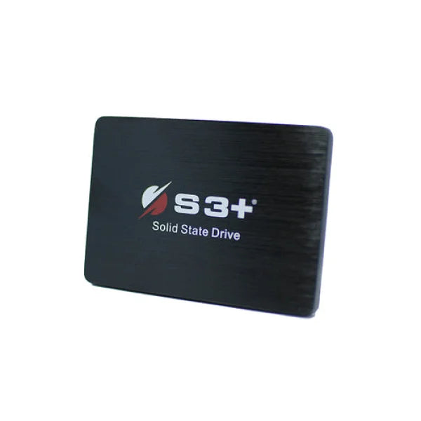 SSD S3+ disco rigido solido in nero con logo bianco e rosso su superficie liscia