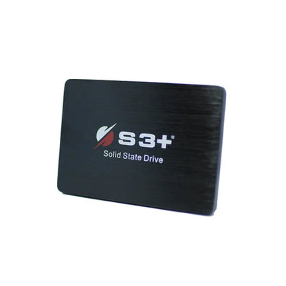 SSD S3+ disco rigido solido in nero con logo bianco e rosso su superficie liscia