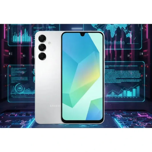 Smartphone Samsung Galaxy A16 in bianco con display grande e tre fotocamere posteriori