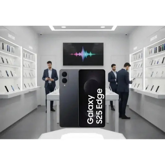 Smartphone Samsung Galaxy S25 Edge in una sala espositiva moderna con altri dispositivi