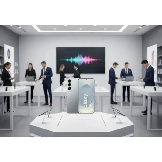 Smartphone Samsung Galaxy S25+ in un negozio con clienti e espositori moderni