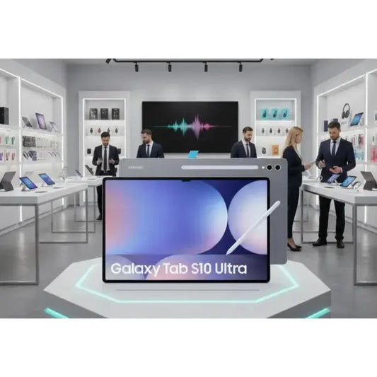 Tablet Samsung Galaxy Tab S10 Ultra esposto in un negozio con visitatori che osservano prodotti tecnologici