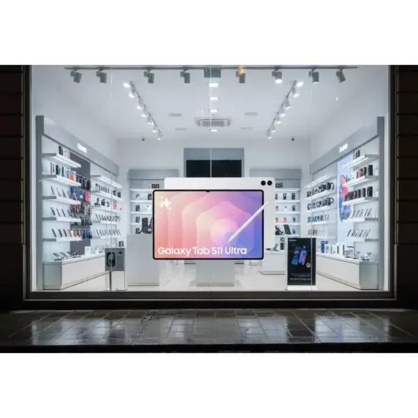 Vetrina di negozio Samsung con Galaxy Tab S8 Ultra in evidenza tra altri dispositivi elettronici