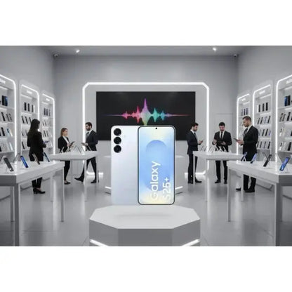 Smartphone Samsung S25+ con display elegante in un negozio tecnologico moderno
