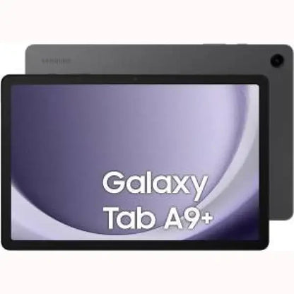 Samsung Galaxy Tab A9 Plus tablet grigio, vista frontale e posteriore con ampio schermo e fotocamera