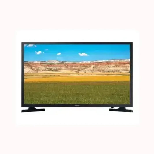 Samsung televisore LED 32 pollici con cornice nera e piedini a V, immagine paesaggio nitida per salotto