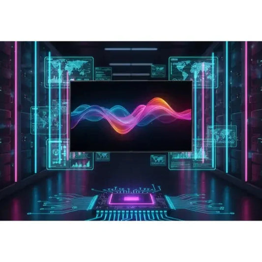 Televisore Samsung con tecnologia avanzata e grafica futuristica in un ambiente moderno