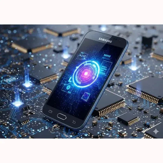 Smartphone Samsung SM-A165 con display brillante su circuito elettronico avanzato