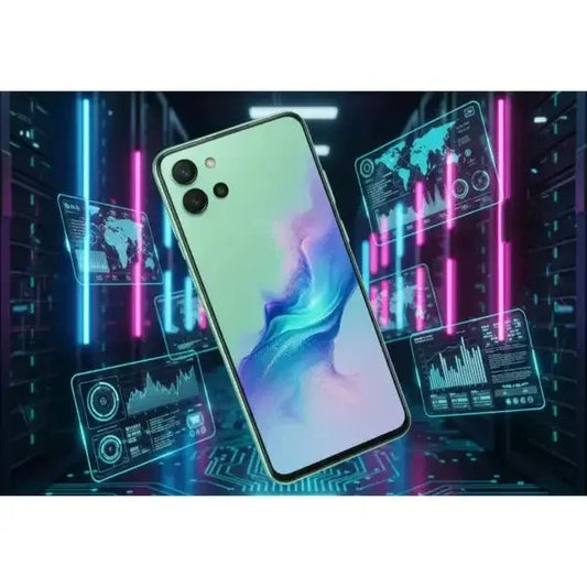 Samsung SM-A366B smartphone con design elegante e display vivace in un'ambientazione futuristica