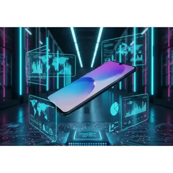 Smartphone Samsung SM-A566 in esposizione con grafica futuristica e dati digitali sullo sfondo