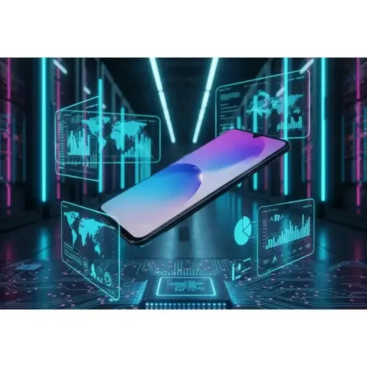 Smartphone Samsung SM-A566 in esposizione con grafica futuristica e dati digitali sullo sfondo