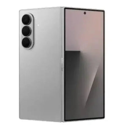 Smartphone Samsung SM-F966B pieghevole in argento con tre fotocamere posteriori e display elegante