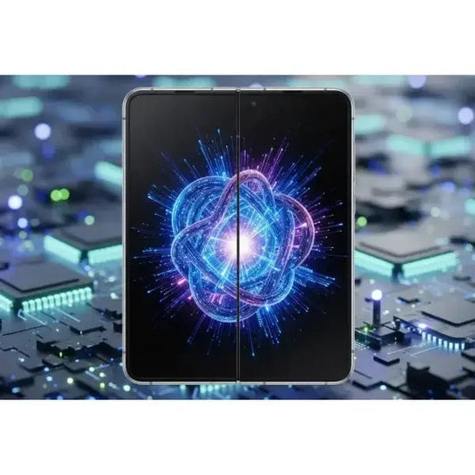 Smartphone Samsung SM-F966B con schermo pieghevole e design elegante su sfondo tecnologico
