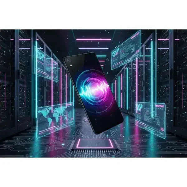 Smartphone Samsung con design futuristico e display vibrante in un ambiente high-tech