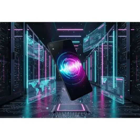 Smartphone Samsung con design futuristico e display vibrante in un ambiente high-tech
