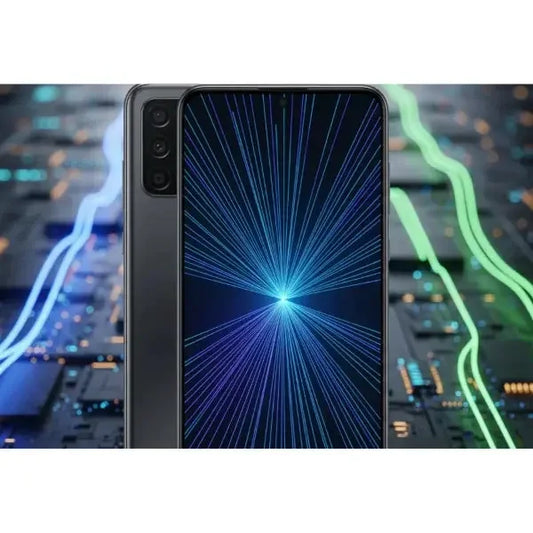 Smartphone Samsung con schermo luminoso e design moderno su sfondo tecnologico