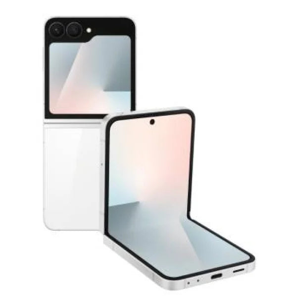 Smartphone Samsung pieghevole bianco con doppia fotocamera e schermo flessibile aperto e chiuso