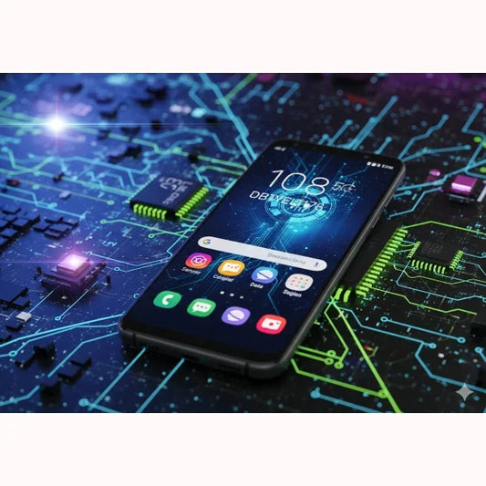 Smartphone Samsung con schermo grande e design moderno su sfondo tecnologico