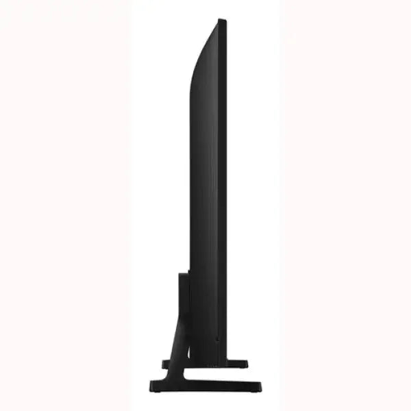 Profilo laterale sottile di samsung tv nero su piedistallo con gambe a V design slim