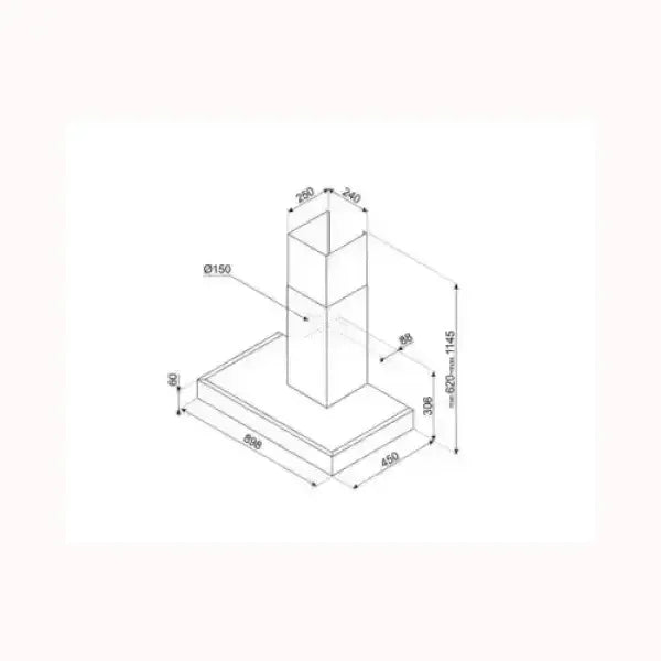 Schema tecnico di una cappa SMEG con misure dettagliate per installazione in cucina