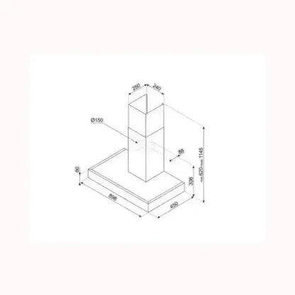 Schema tecnico di una cappa SMEG con misure dettagliate per installazione in cucina